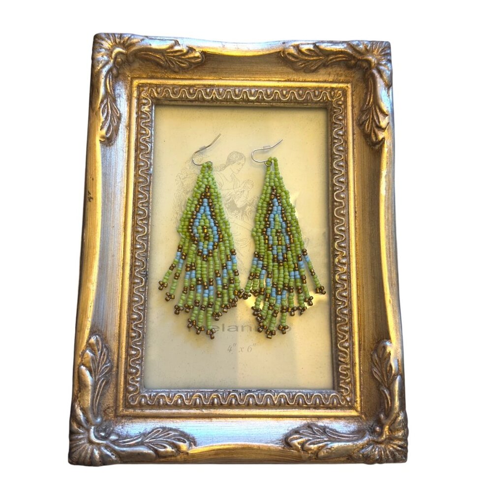 Handmade Beaded Drop Earrings With Green & Blue Tribal Pattern Framed Display - Picture 7 of 8